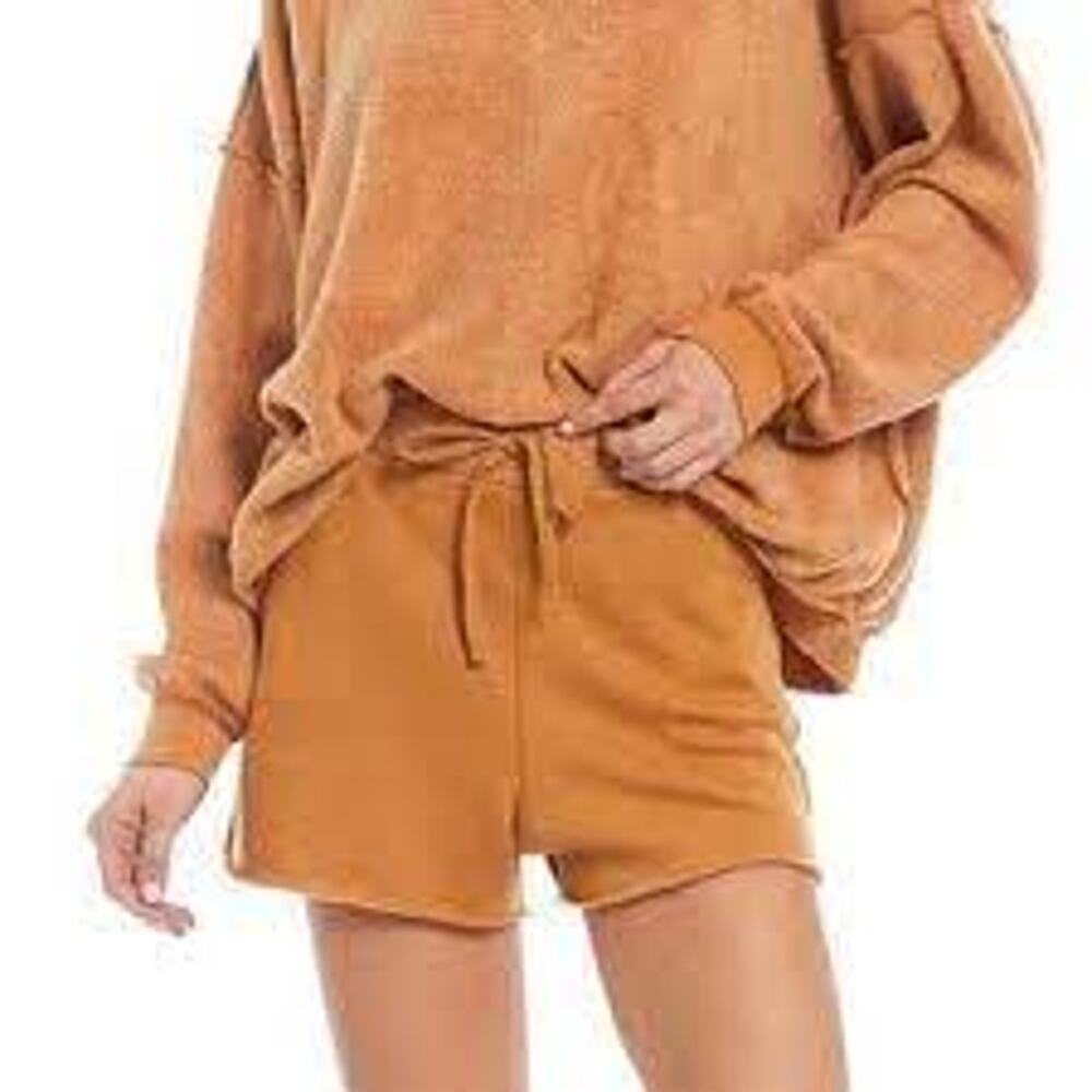 Free People Kelly Cognac Tan Cozy Cool Girl Lounge Sweat Short Teddy Comfy Small